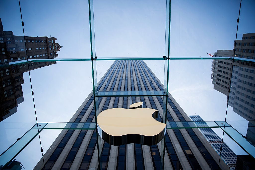 The Apple logo is displayed at the Apple Store on Fifth Avenue in New York City.