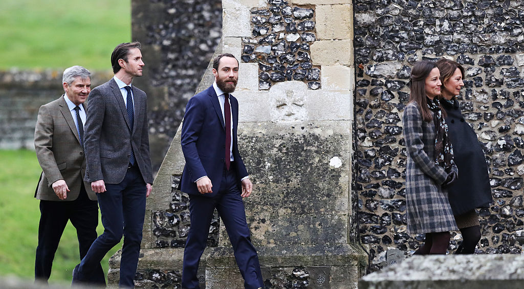 (L-R) Michael Middleton, James Matthews, James Middleton, Pippa Middleton and Carole Middleton arrive to attend the service at St Mark's Church on Christmas Day on December 25, 2016 in Bucklebury, Berkshire.