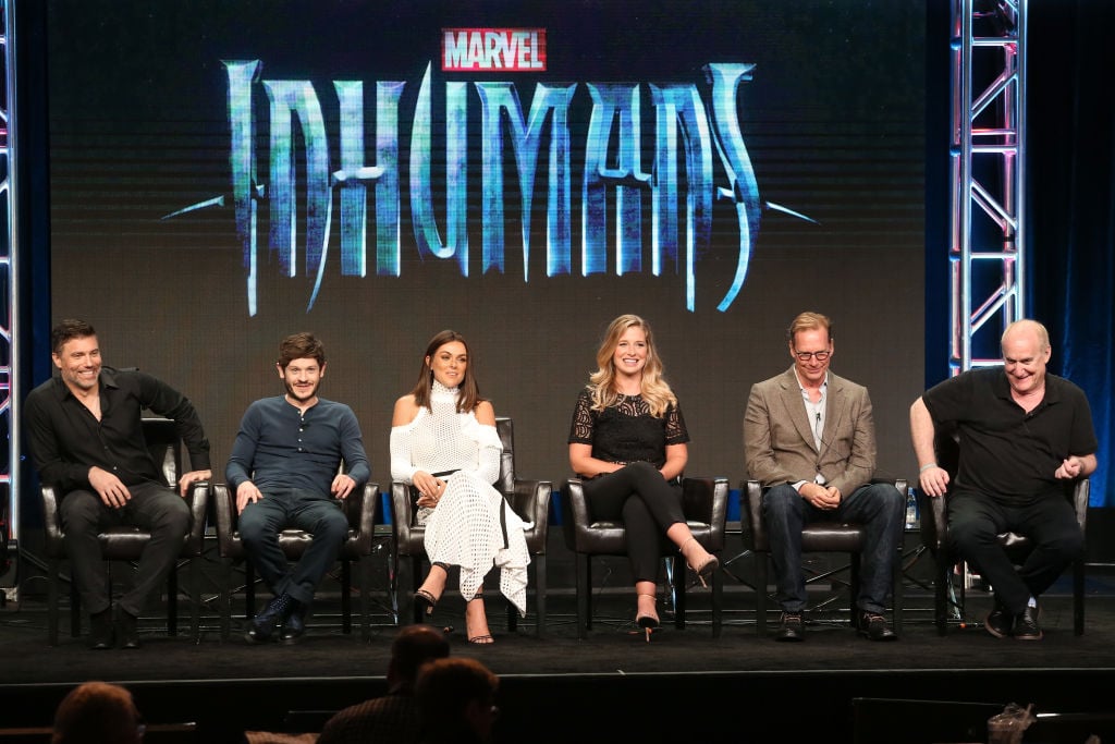 Anson Mount, Iwan Rheon, Serinda Swan, Ellen Woglom, executive producers Scott Buck and Jeph Loeb of 'Inhumans' speak onstage during the 2017 Summer Television Critics Association Press Tour on August 6, 2017. Anson Mount, Iwan Rheon, Serinda Swan, Ellen Woglom, executive producers Scott Buck and Jeph Loeb of 'Inhumans' speak onstage during the 2017 Summer Television Critics Association Press Tour on August 6, 2017.