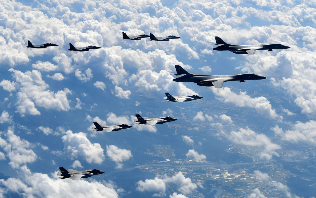Lancer bombers flying with F-35B fighter jets and South Korean Air Force F-15K fighter jets during a training at the Pilsung Firing Range