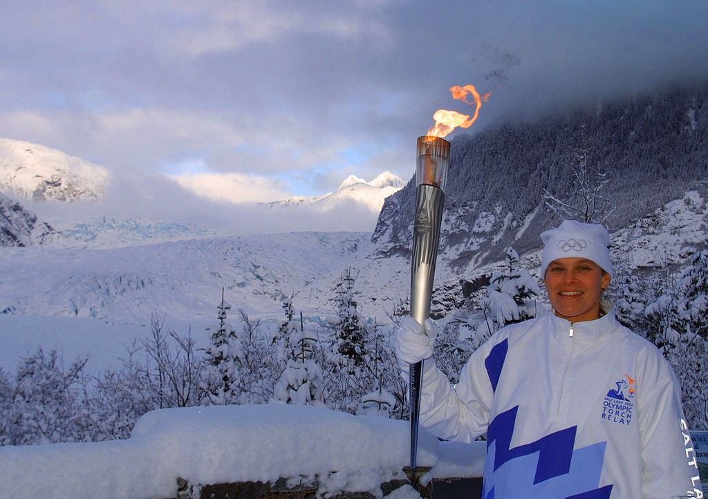 Torchbearer Hilary Lindh near the Mendenhall Glacier Torchbearer Hilary Lindh