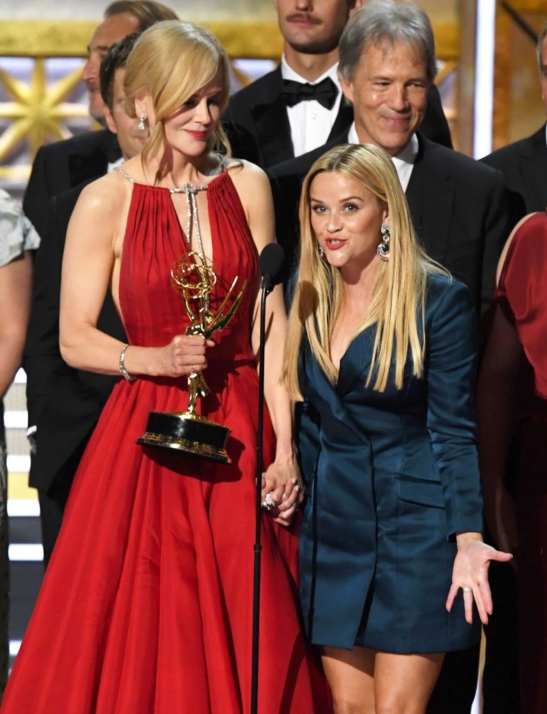 Nicole Kidman and Reese Witherspoon accept an Emmy with Big Little Lies Cast Nicole Kidman and Reese Witherspoon with Big Little Lies Cast