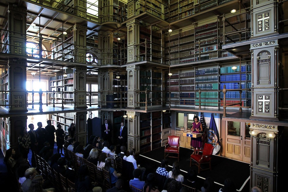 Michelle Obama speaks at Riggs Library at Georgetown University