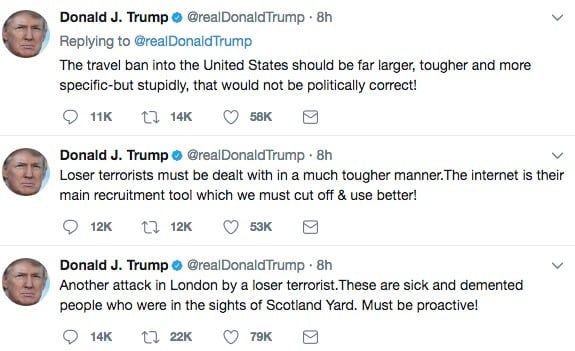 A series of Tweets from Donald Trump on the recent London train bombing Donald Trump's latest Tweetstorm