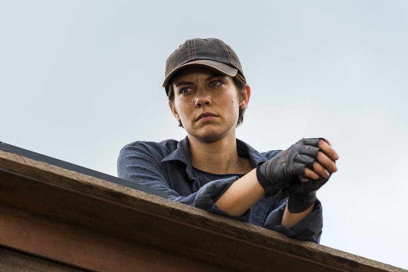 Maggie Greene leans over a wall in The Walking Dead