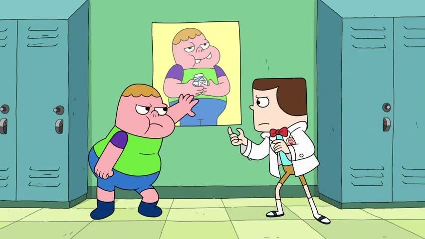 Two animated characters talk to each other in front of lockers in Clarence Two animated characters talk to each other in front of lockers in Clarence