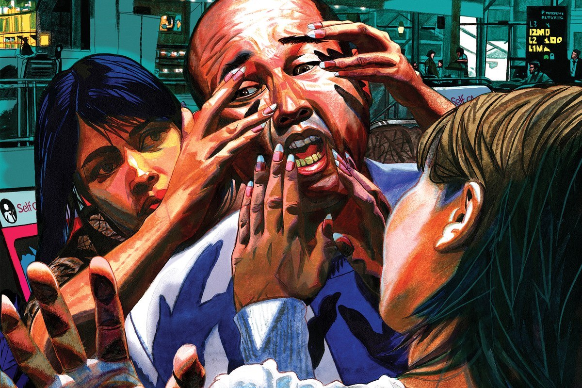 An Illustration showing two women from the fron and back of kim jong nam smearing liquid on his face