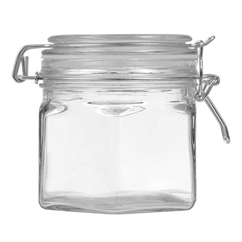 Glass jar with metal clasp