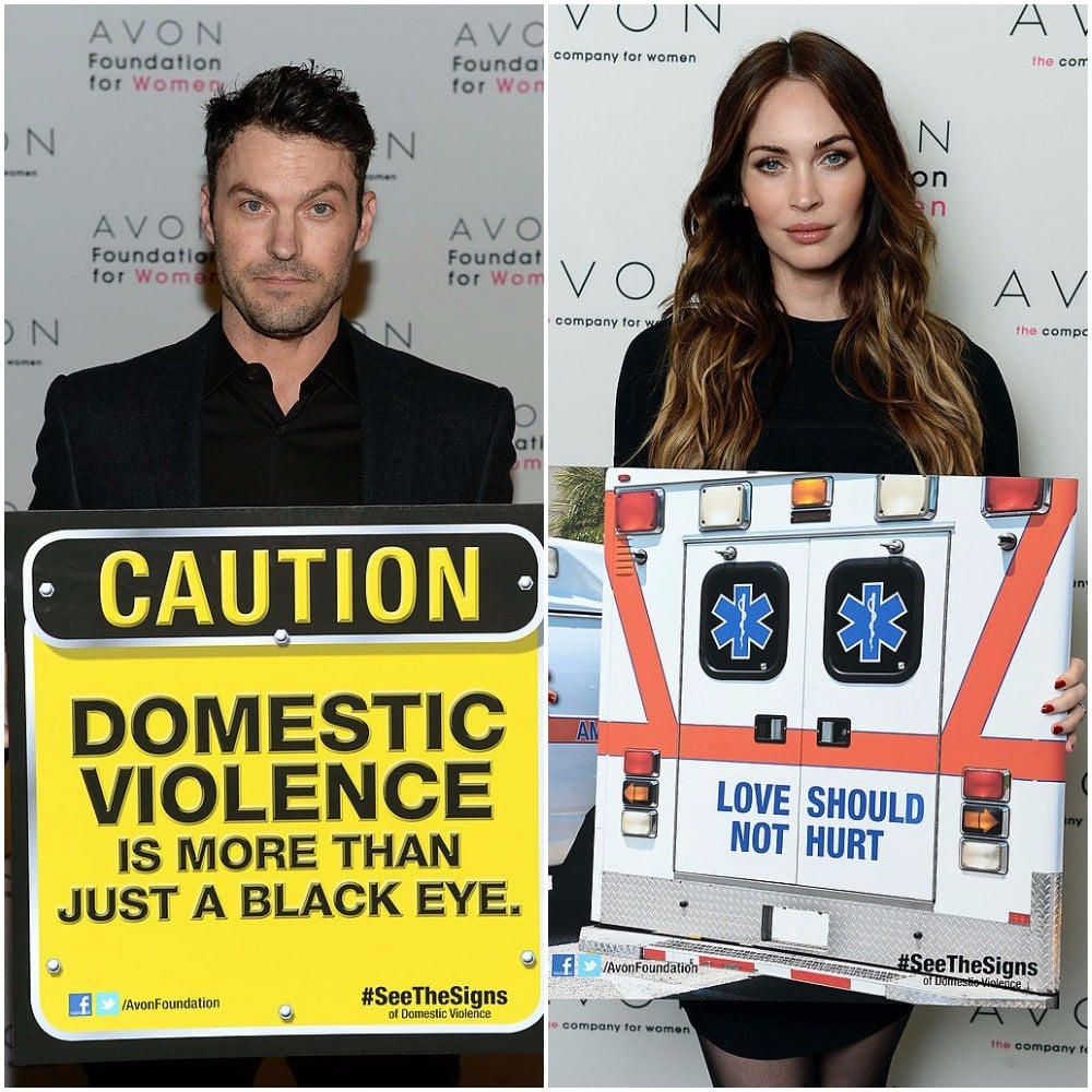 (L) Actor Brian Austin Green at The Morgan Library & Museum in New York City at the Avon Foundation launch of its #SeeTheSigns of Domestic Violence global social media campaign. (R) Actress Megan Fox helped the Avon Foundation launch its new global Facebook campaign, #SeeTheSigns of Domestic Violence, on November 22, the International Day for the Elimination of Violence Against Women.