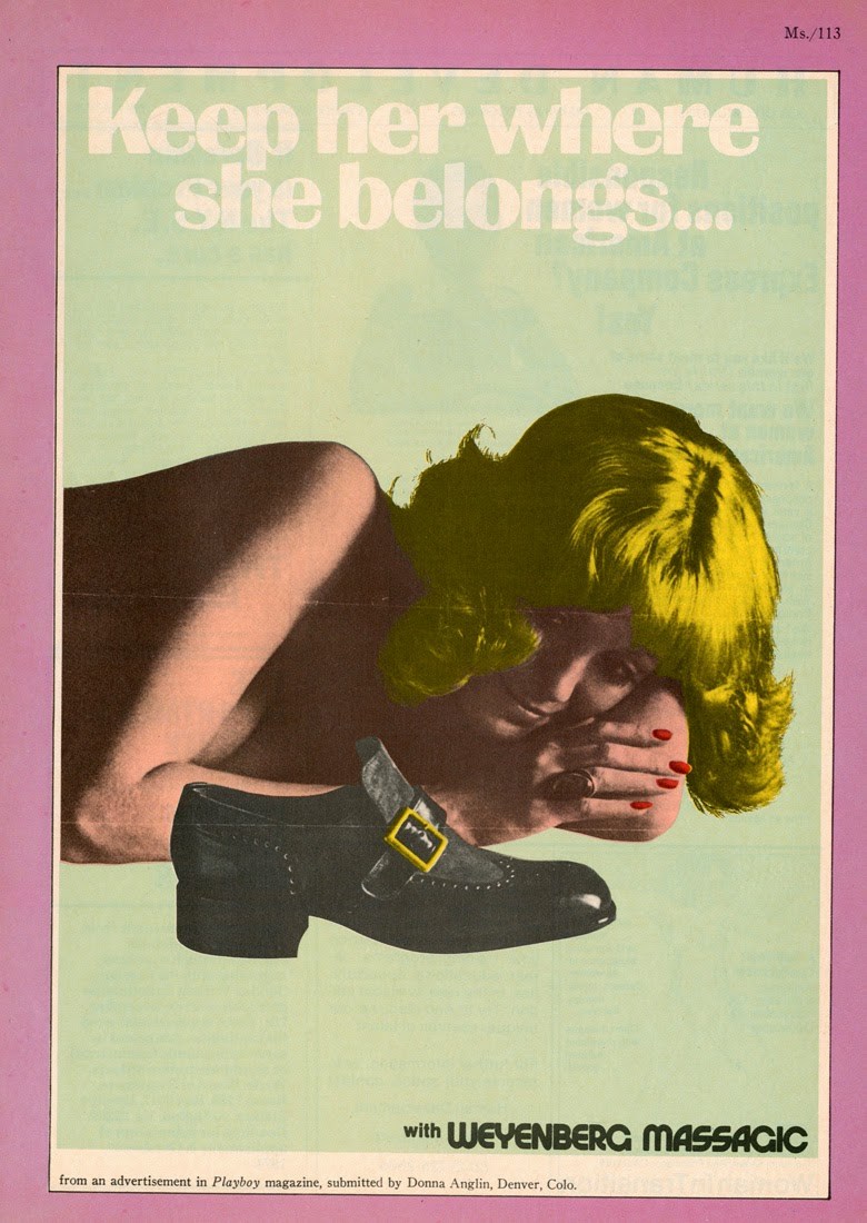 A woman lays naked in front of a shoe