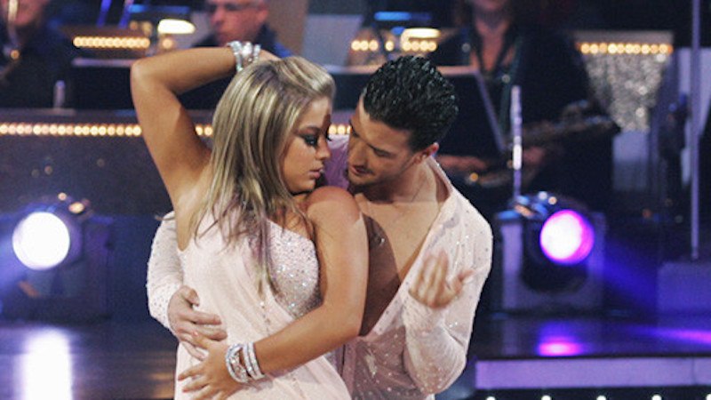 Mark Ballas and Shawn Johnson dance together in sparkly blush outfits