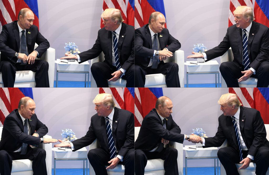 Putin and Trump handshake montage Putin and Trump shake hands