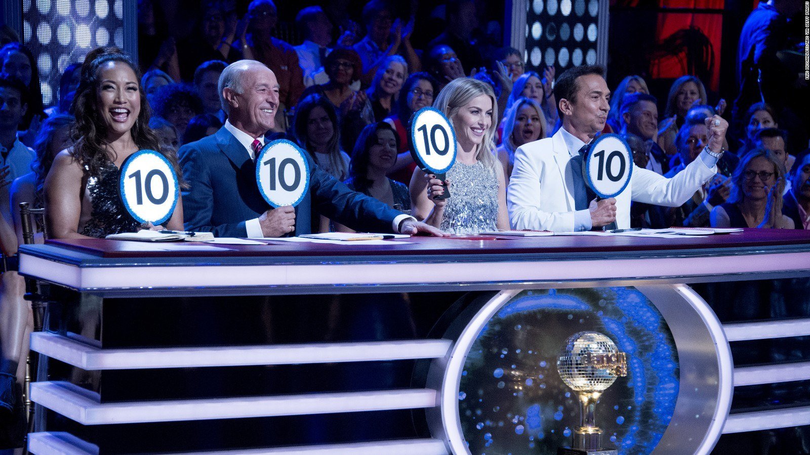 Carrie Ann Inaba, Len Goodman, Julianne Hough, and Bruno Tunioli hold up 10 signs on DWTS 
