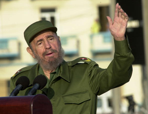 Cuban President Fidel Castro gives a speech in front of the U.S. Interest Section on May 14, 2004 in Havana