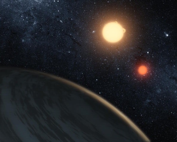 In this handout digital illustration released on September 15, 2011 by NASA, the newly-discovered gaseous planet Kepler-16b orbits it's two stars.