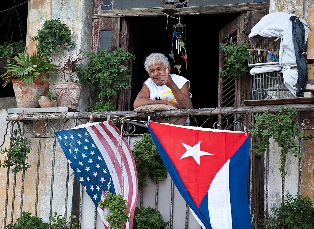 Cuban and American flags on balcony