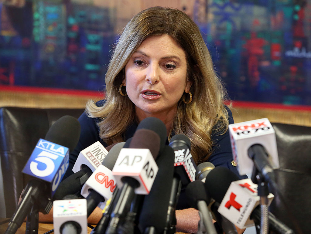 Lisa Bloom speaks into a cluster of microphones Lisa Bloom speaks into a cluster of microphones