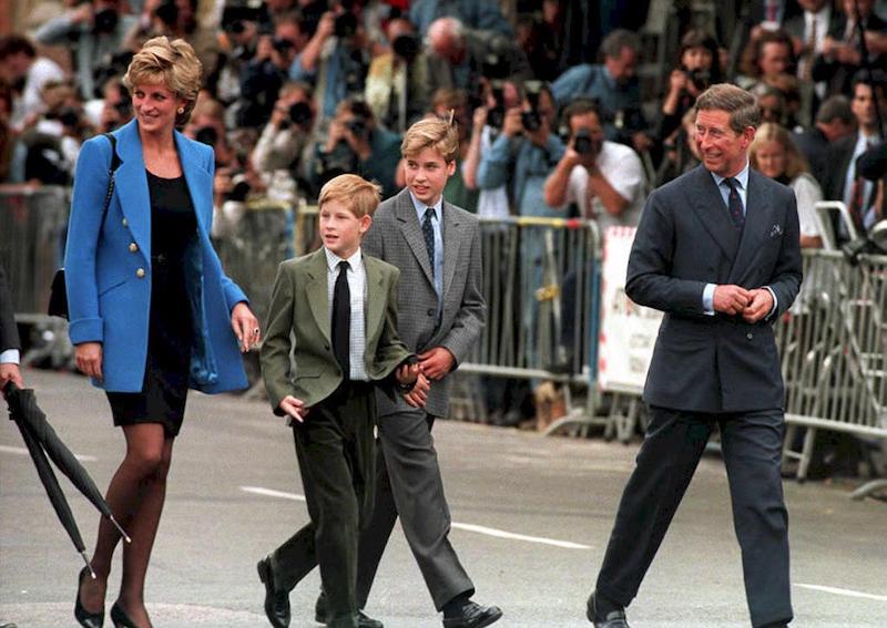 The Prince and Princess of Wales and their sons Prince William (R) and Prince Harry, on William's first day at Eton. Diana, Princess of Wales, and her friend, Dodi Fayed, died in a car crash t 31 August in Paris