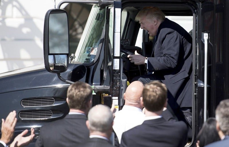 Trump in a semi-truck on the White House lawn