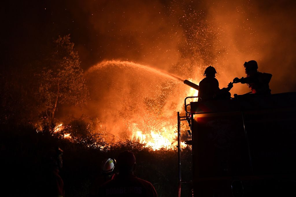 a firefighter in silhouette puts out a forest fire with a hose a firefighter in silhouette puts out a forest fire with a hose