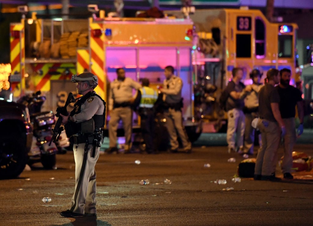 A policeman stands guard at the Las Vegas shooting police at Las Vegas shooting