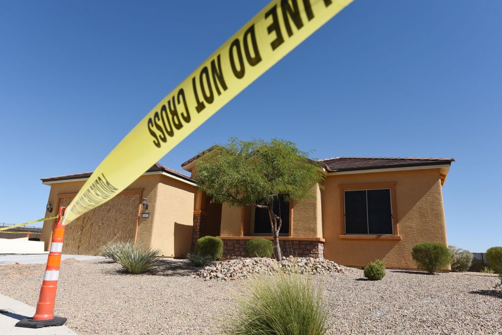 the home of Stephen Paddock with a yellow caution tape across it the home of Stephen Paddock with a yellow caution tape across it