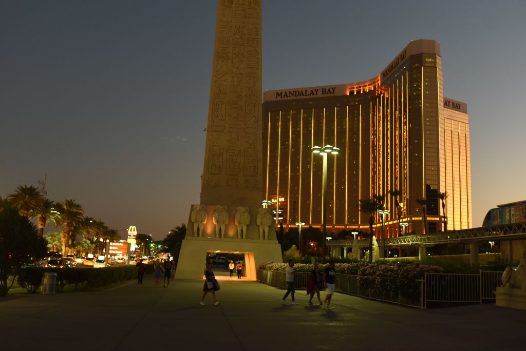 the Mandalay Bay hotel and casino exterior at dusk