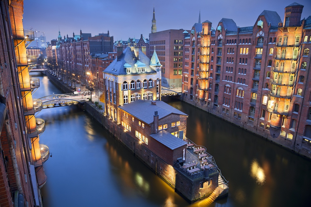 Hamburg- Speicherstadt during twilight blue hour.