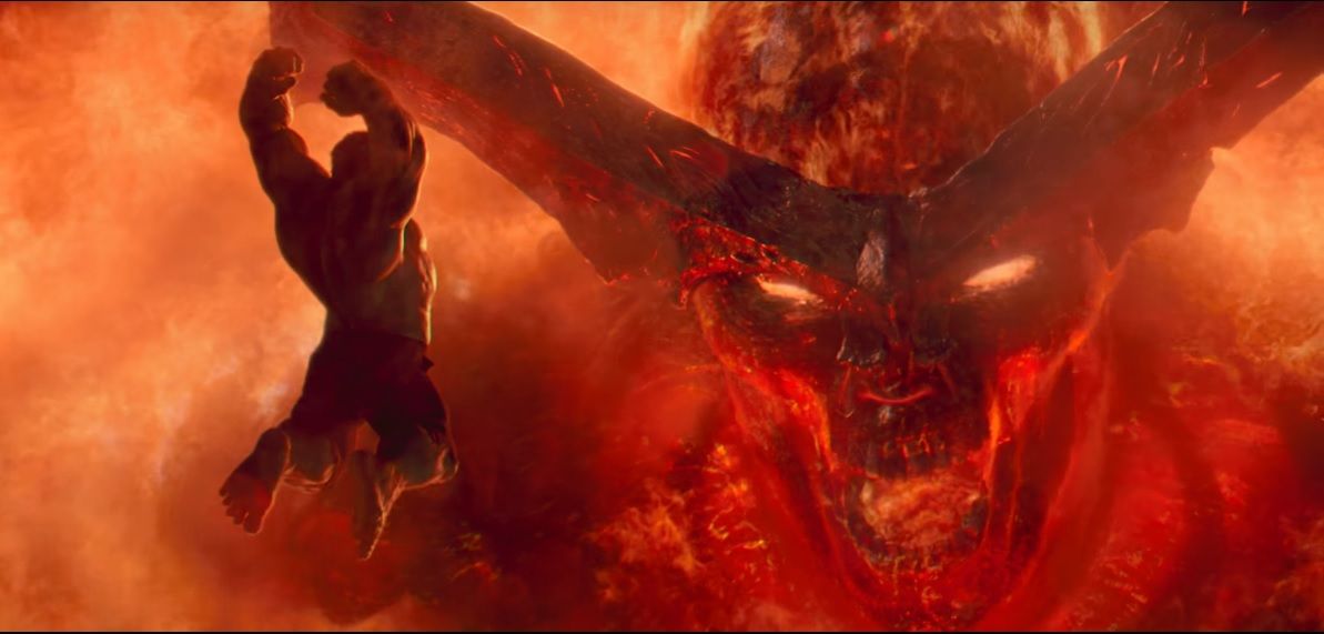 The Hulk leaping through the air to attack a giant fire demon The Hulk leaping through the air to attack a giant fire demon