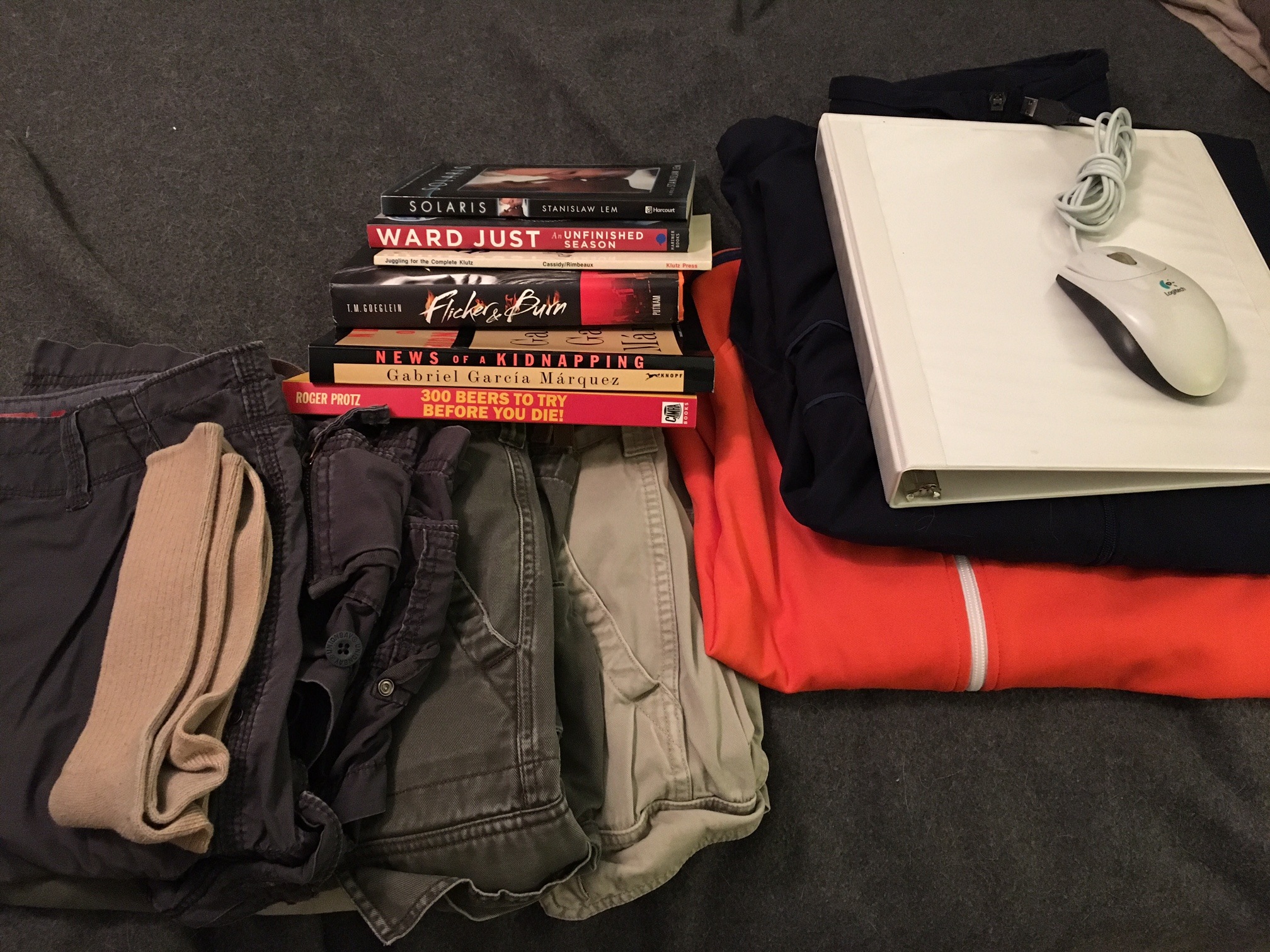cargo shorts, a few books