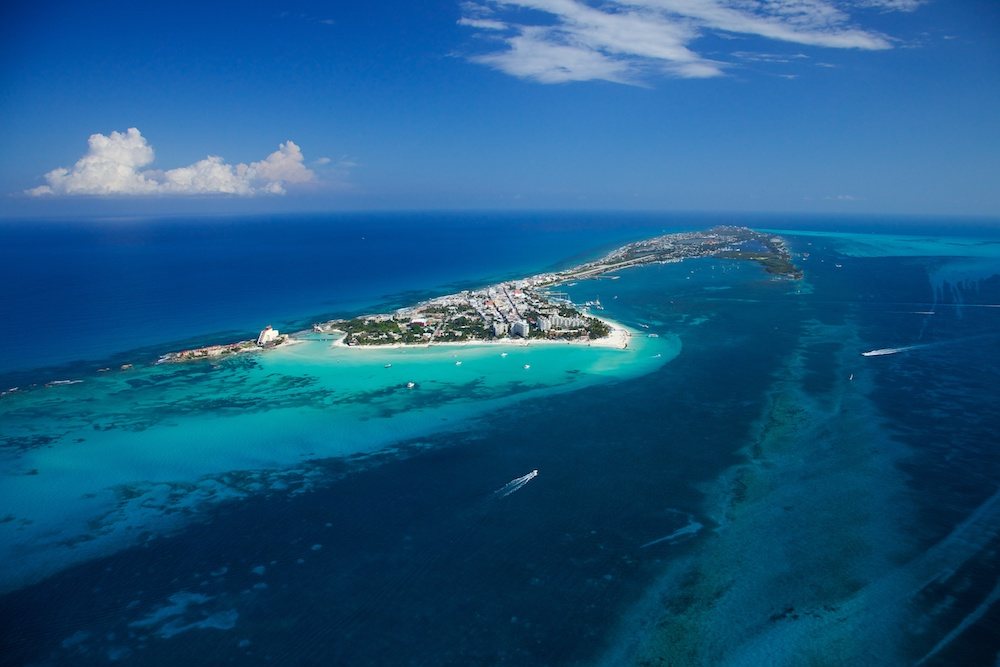 Aerial view of Isla Mujeres on a nice sunny day