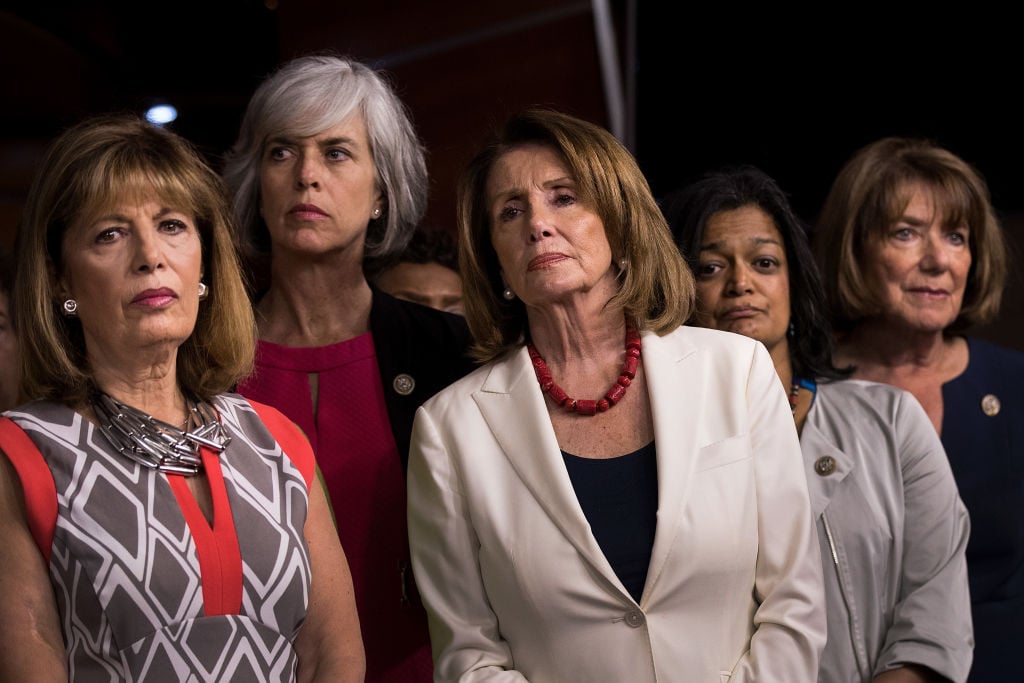 U.S. Reps. Jackie Speier (D-CA) and Katherine Clark (D-CT), Minority Leader Nancy Pelosi (D-CA), Rep. Pramila Jayapal (D-WA) and Rep. Susan Davis (D-CA) U.S. Reps. Jackie Speier (D-CA) and Katherine Clark (D-CT), Minority Leader Nancy Pelosi (D-CA), Rep. Pramila Jayapal (D-WA) and Rep. Susan Davis (D-CA)