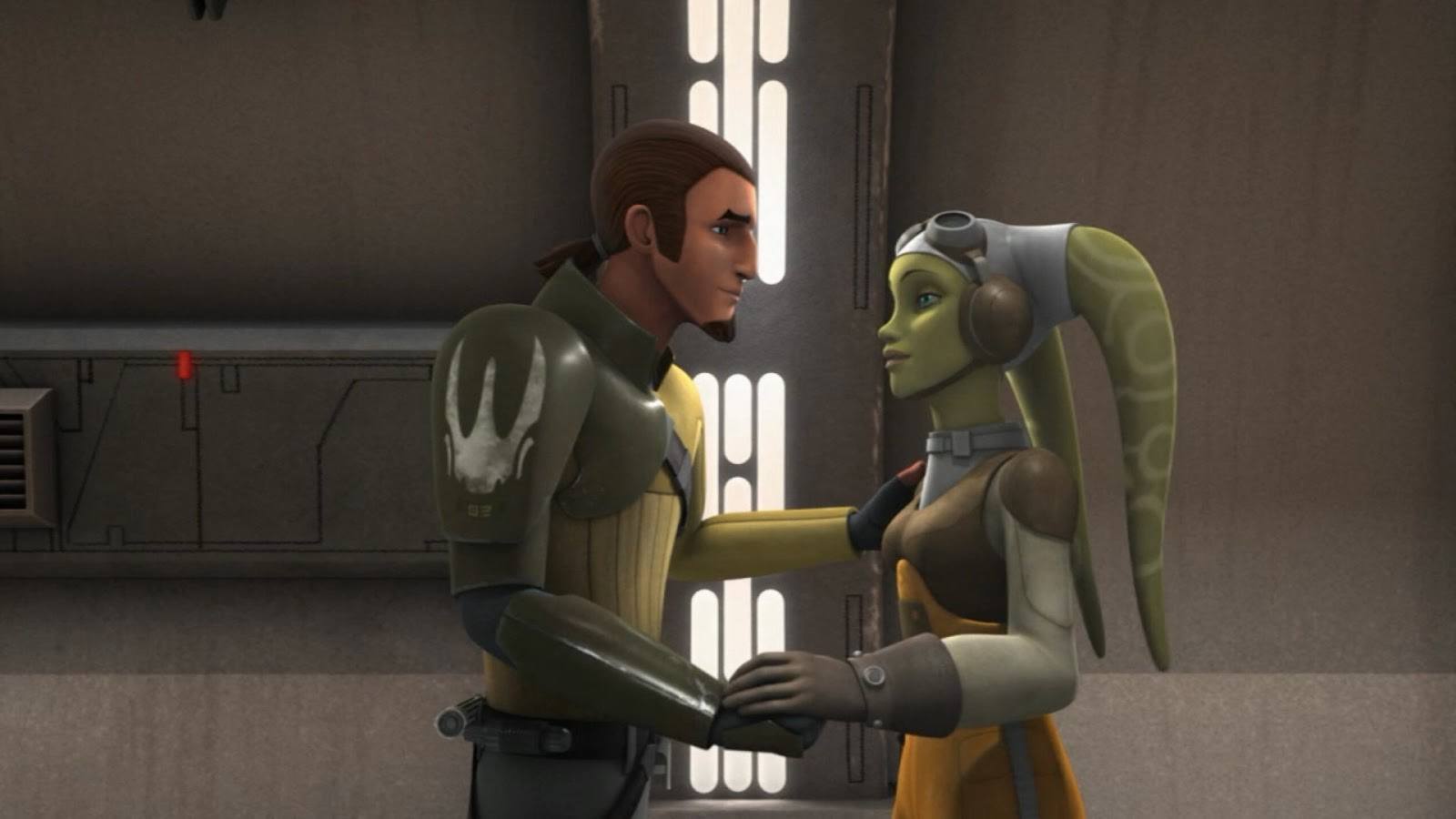 Kanan and Hera look at each other and hold hands in Star Wars Rebels