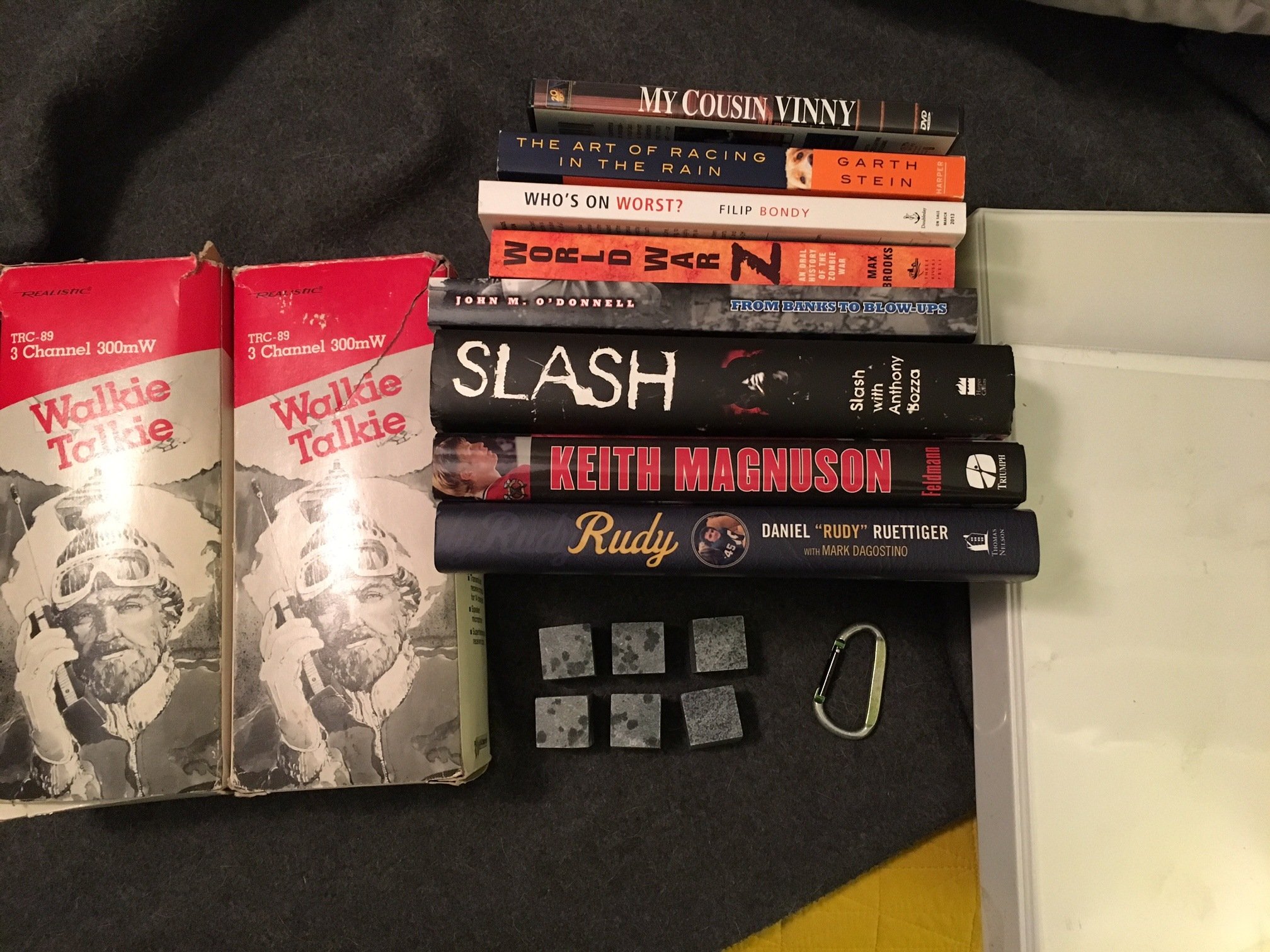 books, walkie talkies