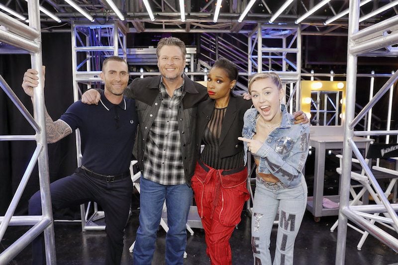 Adam Levine, Blake Shelton, Jennifer Hudson, Miley Cyrus stand next to each other Adam Levine, Blake Shelton, Jennifer Hudson, Miley Cyrus stand next to each other