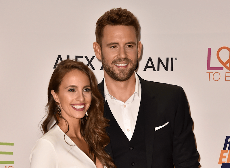 Nick Viall and Vanessa Grimaldi standing next to each other as they smile. Nick Viall and Vanessa Grimaldi standing next to each other as they smile.