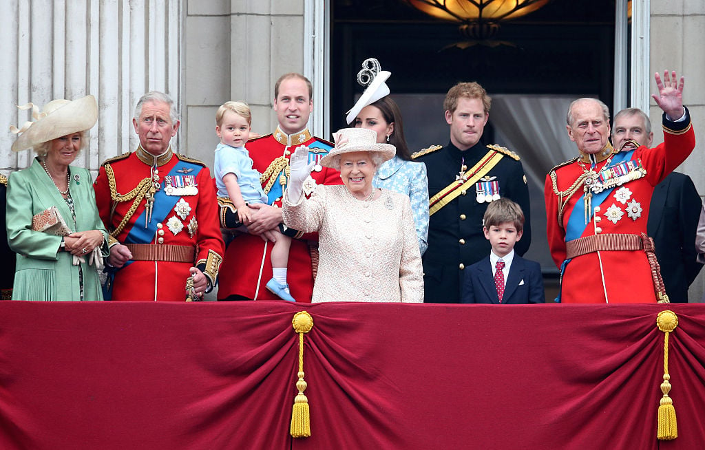 Camilla, Duchess of Cornwall; Prince Charles, Prince of Wales; Prince George of Cambridge; Prince William, Duke of Cambridge; Catherine, Duchess of Cambridge; Queen Elizabeth II; Prince Harry and Prince Philip, Duke of Edinburgh greet the public.