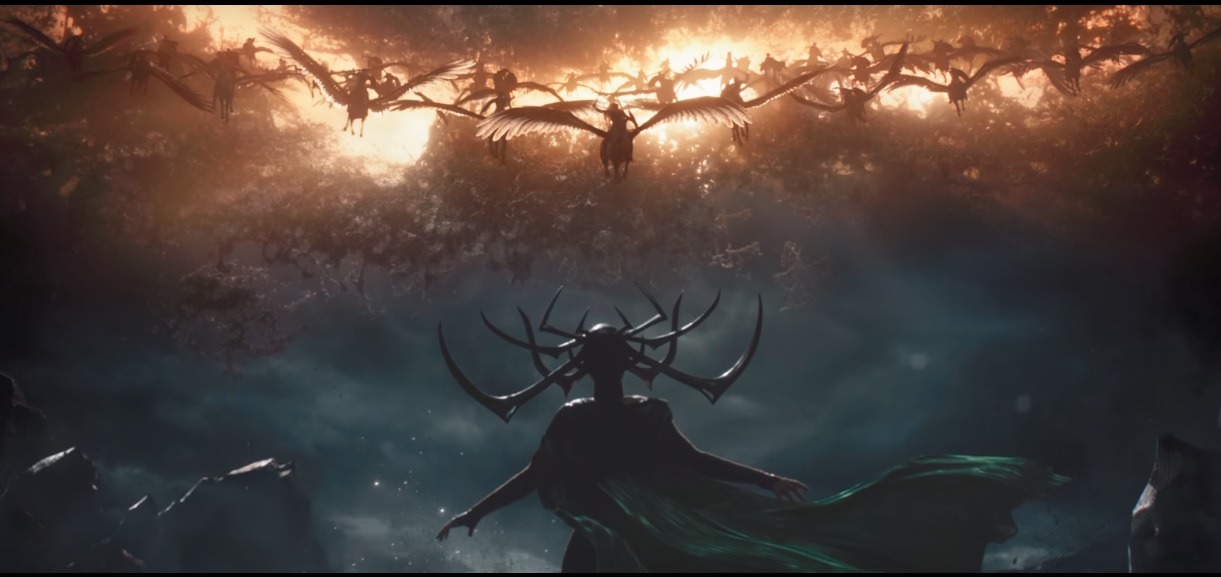 Hela facing down an army of Valkyrie flying through the sky.