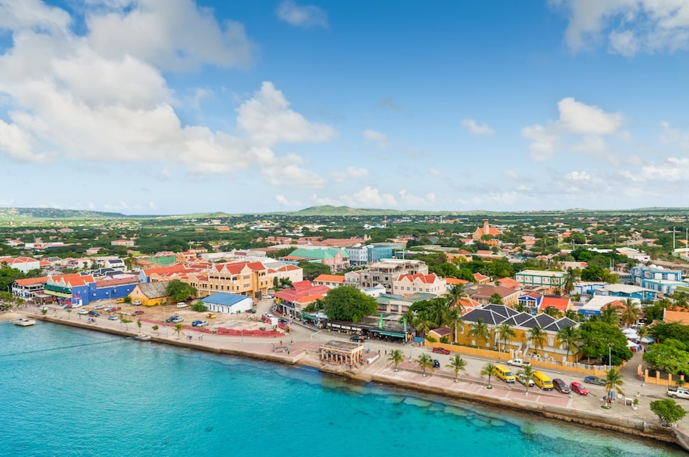 Kralendijk, Bonaire - December 2, 2011: On the waterfront of Kralendijk stands a colorful houses containing hotels, shops and restaurants. Kralendijk is the capital and largest city of the island Bonaire, Netherlands Antilles.