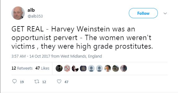 a tweet about Weinstein and prostitutes a tweet about Weinstein and prostitutes