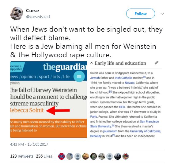 an antisemitic tweet about Weinstein an antisemitic tweet about Weinstein with blue and yellow boxes