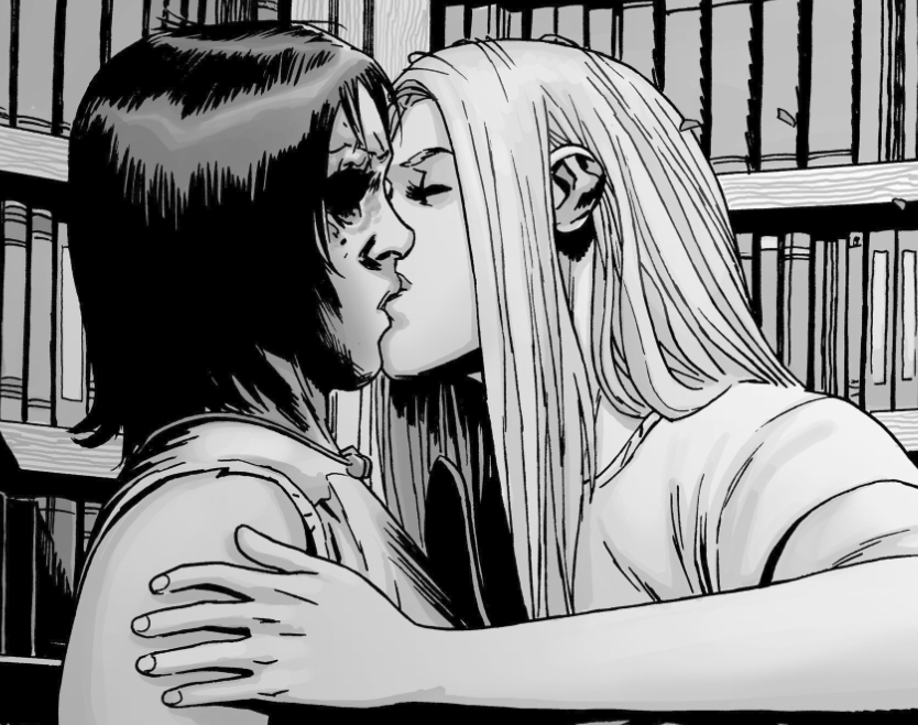 Carl and Lydia. Lydia kisses Carl in the library in 'The Walking Dead' comics.