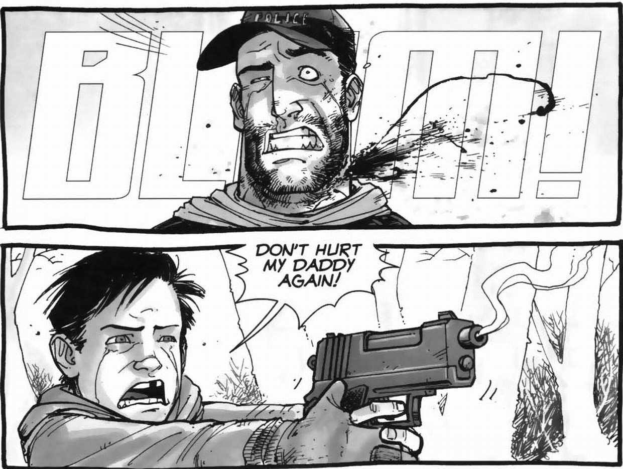 Carl yells 'Don't hurt my Daddy again!' as he shoots Shane in the neck in 'The Walking Dead' comics