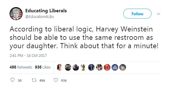 a tweet about transgender bathrooms and Weinstein a tweet about transgender bathrooms and Weinstein