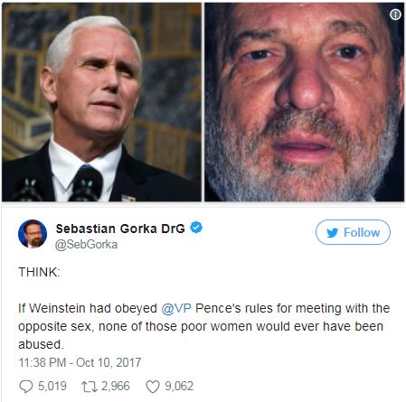 a tweet with pictures of Harvey Weinstein and Mike Pence a tweet with pictures of Harvey Weinstein and Mike Pence