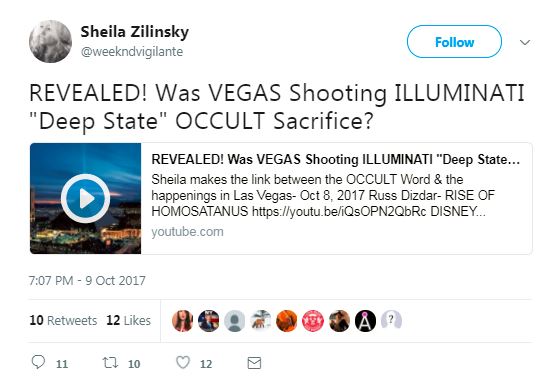 a tweet with a video claiming the illuminati carried out the las vegas shooting
