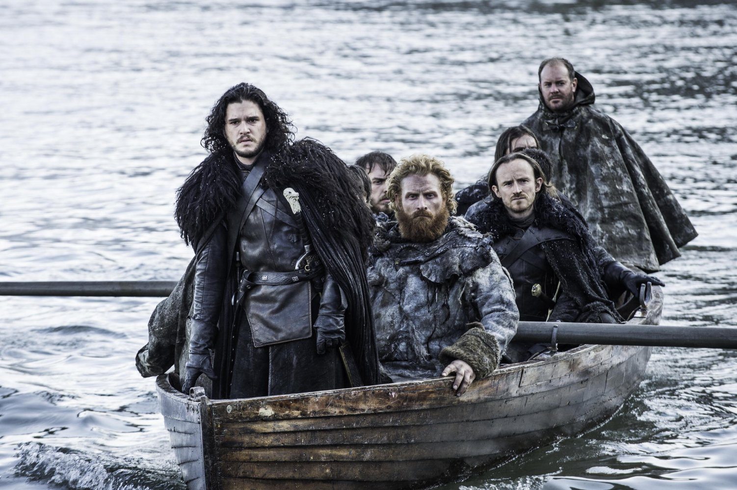 Jon Snow on a boat with several other men in the Game of Thrones episode "Hardhome"