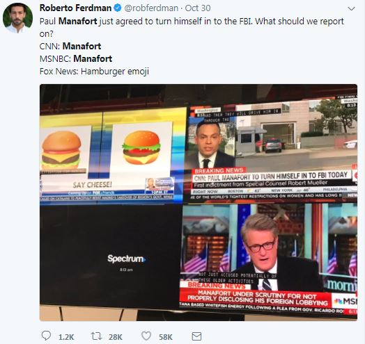 a screenshot of Fox News, MSNBC, and CNN in a tweet a screenshot of Fox News, NBC, and CNBC in a tweet