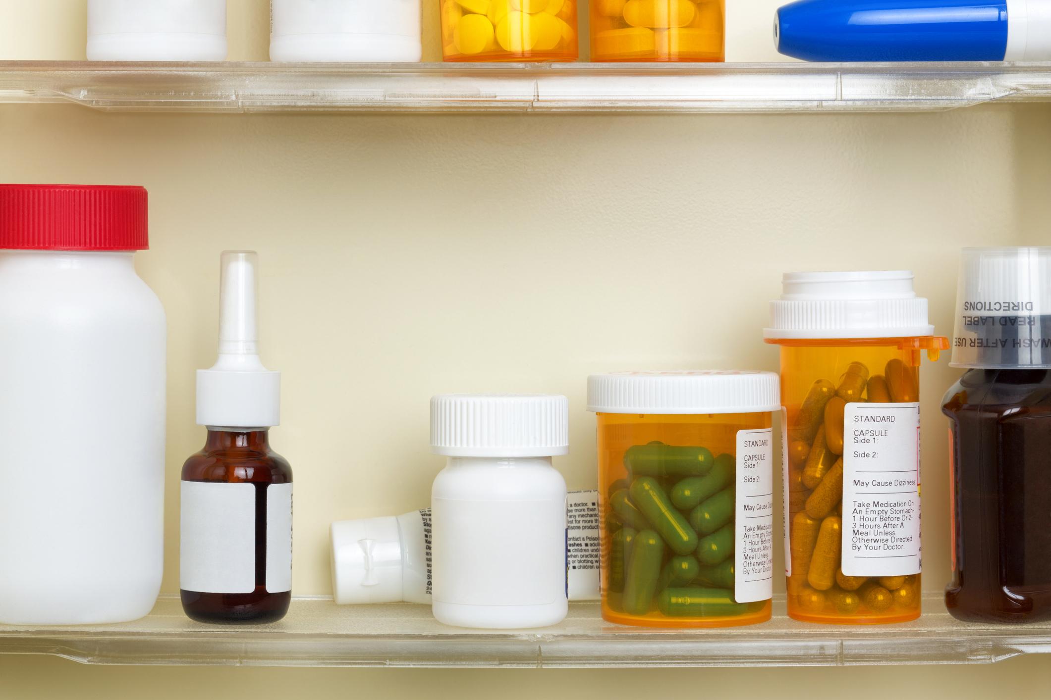 Medications on shelves of medicine cabinet