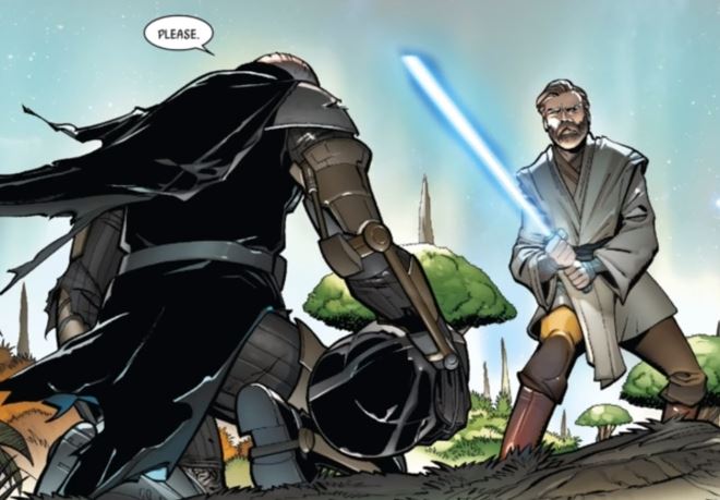 Obi-wan holds a blue lightsaber as Vader kneels in front of him Obi-wan holds a blue lightsaber as Vader kneels in front of him